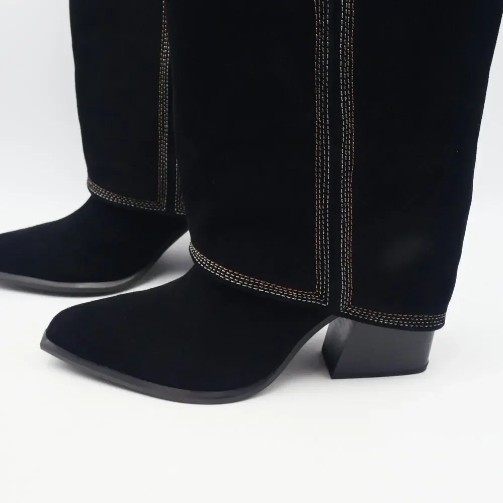 NEW Nine West Women's 8.5 Rimepy Foldover Boot Black Suede  Block Heel